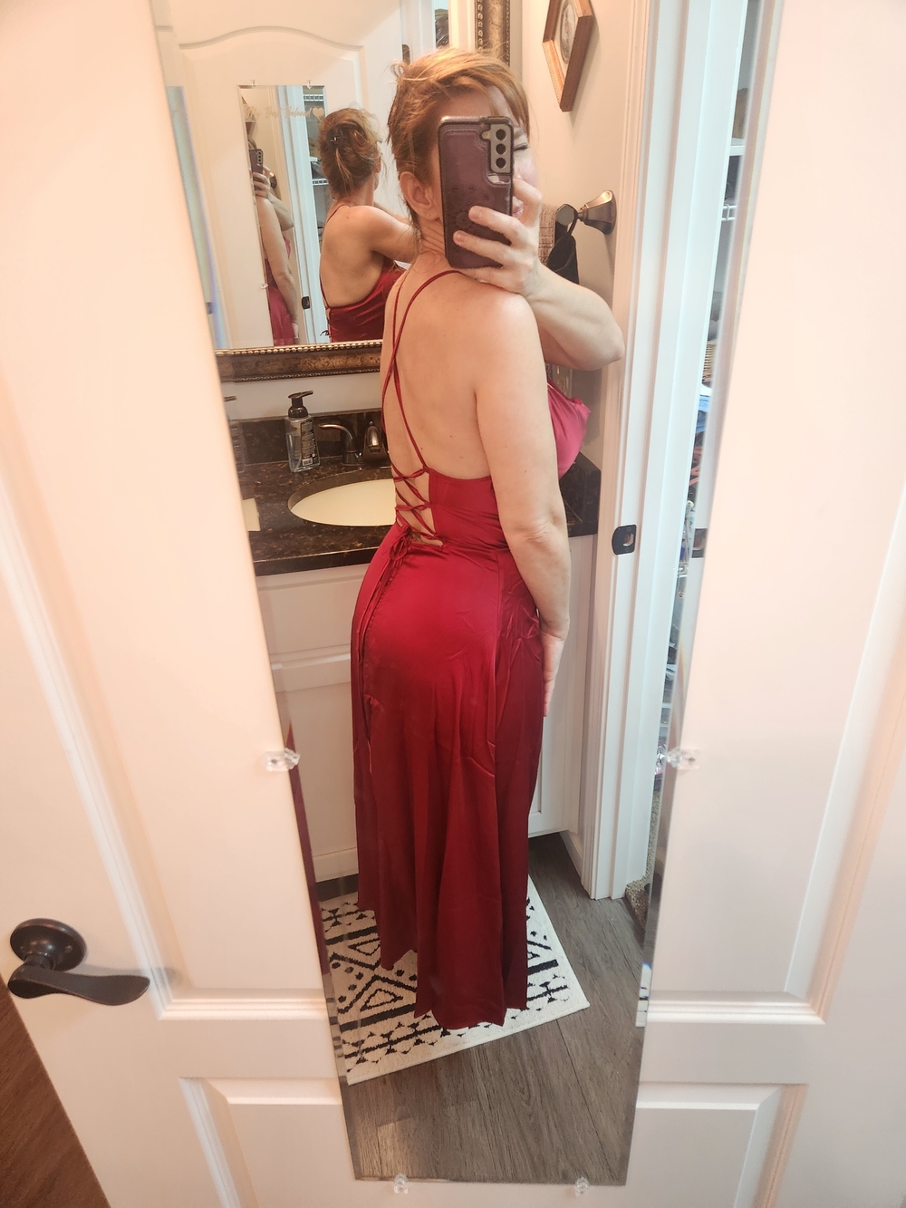 Red Satin Lace-Up Back Maxi Dress